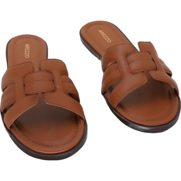 Arezzo Hanna Leather Slide Sandals Women Brown Round Toe US 9M - Picture 1 of 6